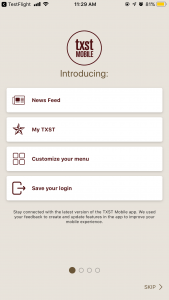 txst mobile app landing screen showcasing new features