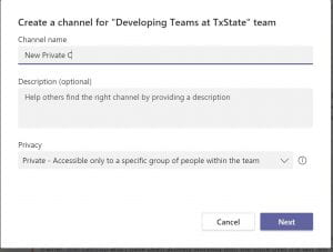 Screenshot shows naming Teams channel fields