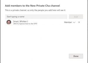Screenshot shows adding members to a Teams channel