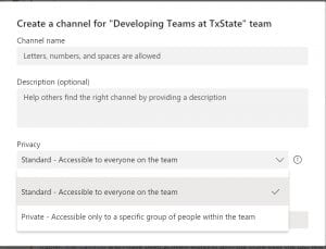 Screenshot shows fields to fill out for creating a Teams channel
