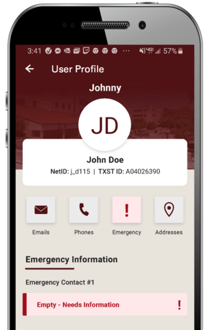 TXST Mobile App's personal info section