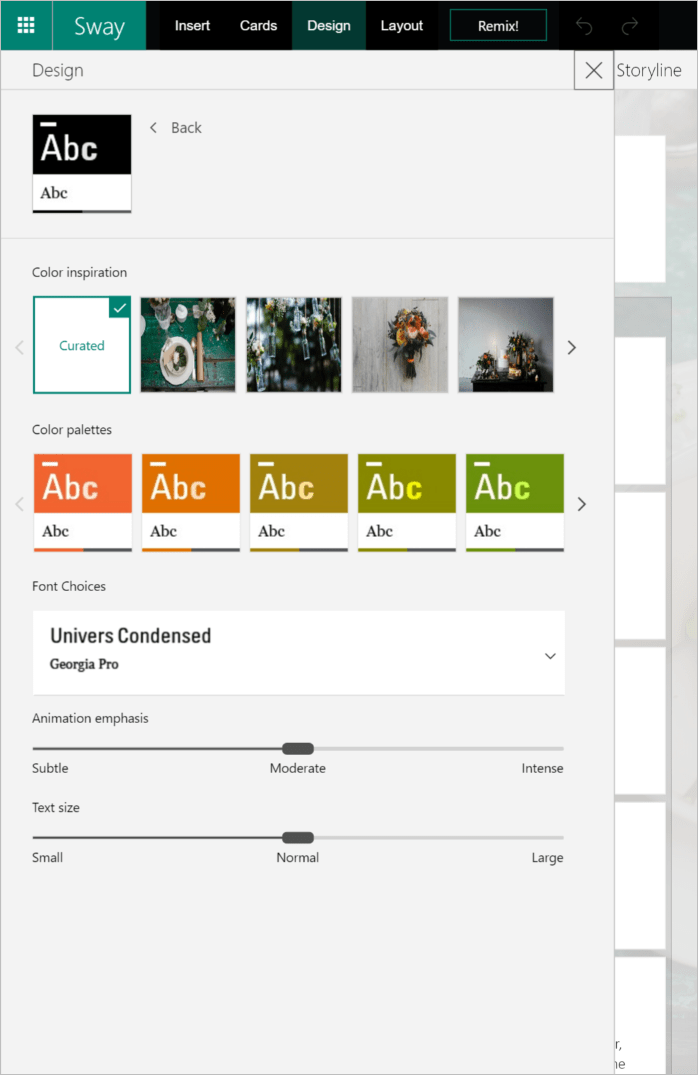 Image of the in design pane on Sway.