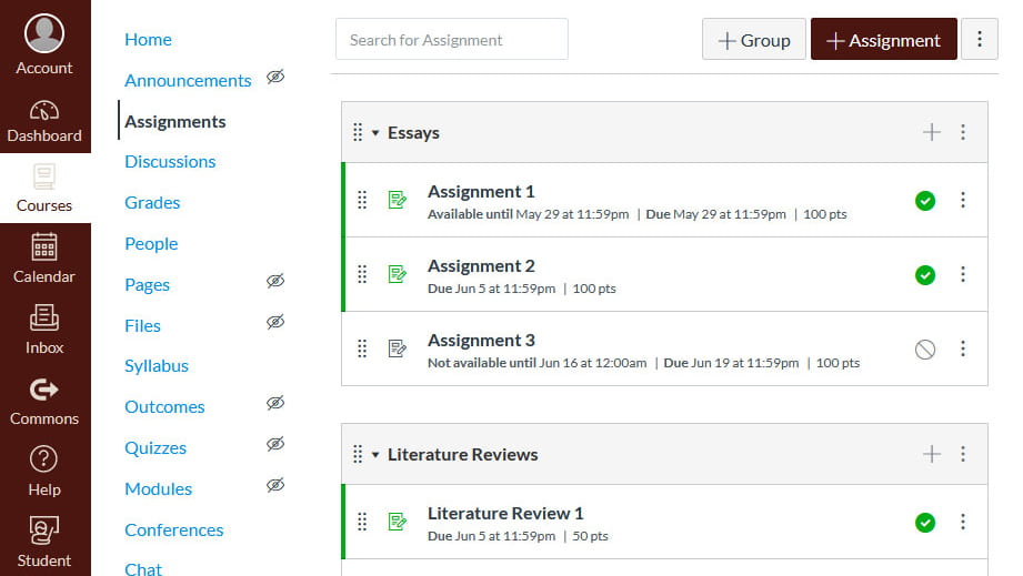 A Canvas Assignment page shows two assignment groups with assignments in them.