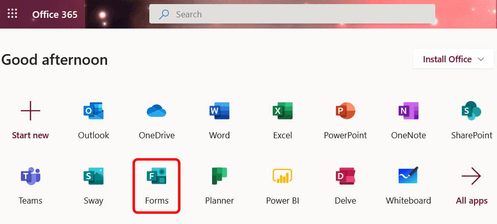Tiles of apps at the top of the Office 365 homepage with Forms circled.