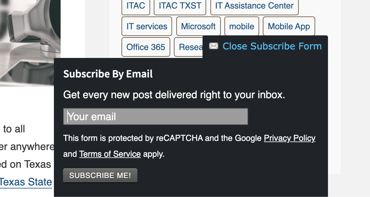 Subscribe by email pop-up appears asking you to enter an emal address.