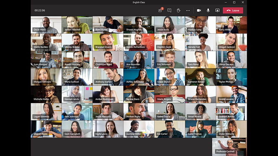 A teams video conference shows 49 people on a screen. 