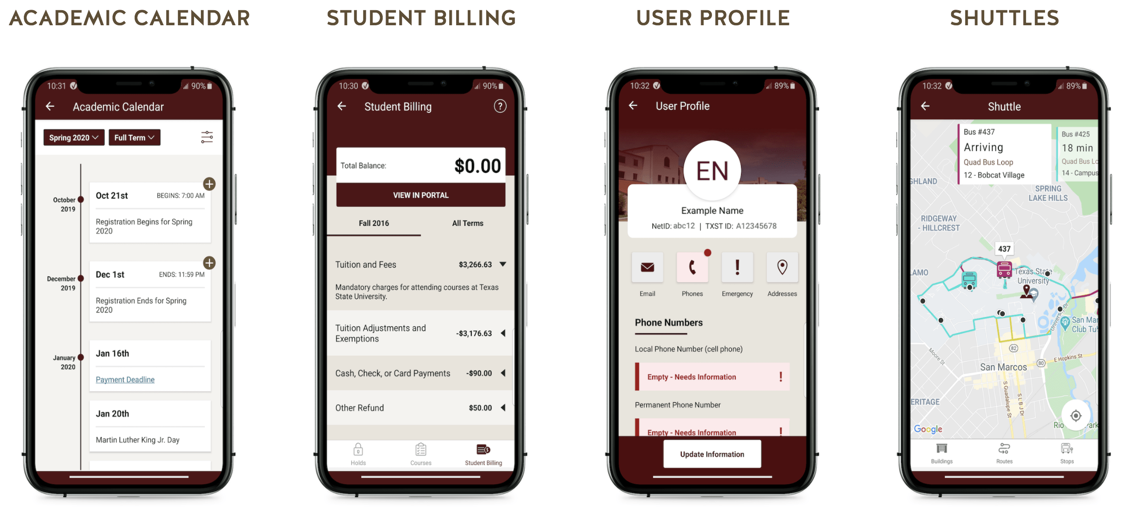 Different features of TXST Mobile shown on mobile devices.