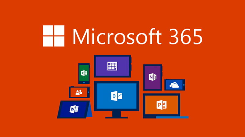 Microsoft 365 logo icons shown on device screens.