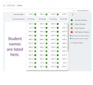 Figure 2. Screen shot of Learning Mastery Gradebook view