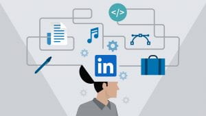 LinkedIn logo and other icons such as paper, music, code coming out of person's head.