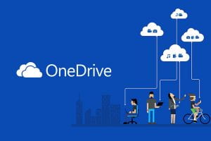 One Drive logo with clouds coming out of people's devices.