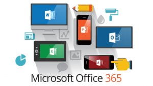 Microsoft 365 apps shown on different device screens.