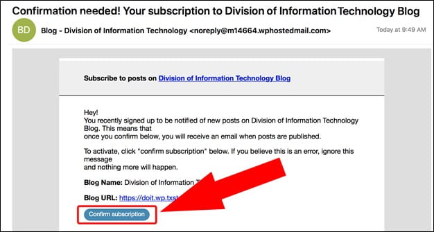 Arrow points to subscribe button in email