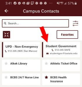 arrow points to student government contact card