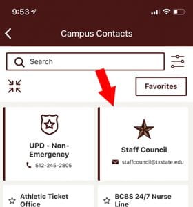 arrow points to staff council contact card