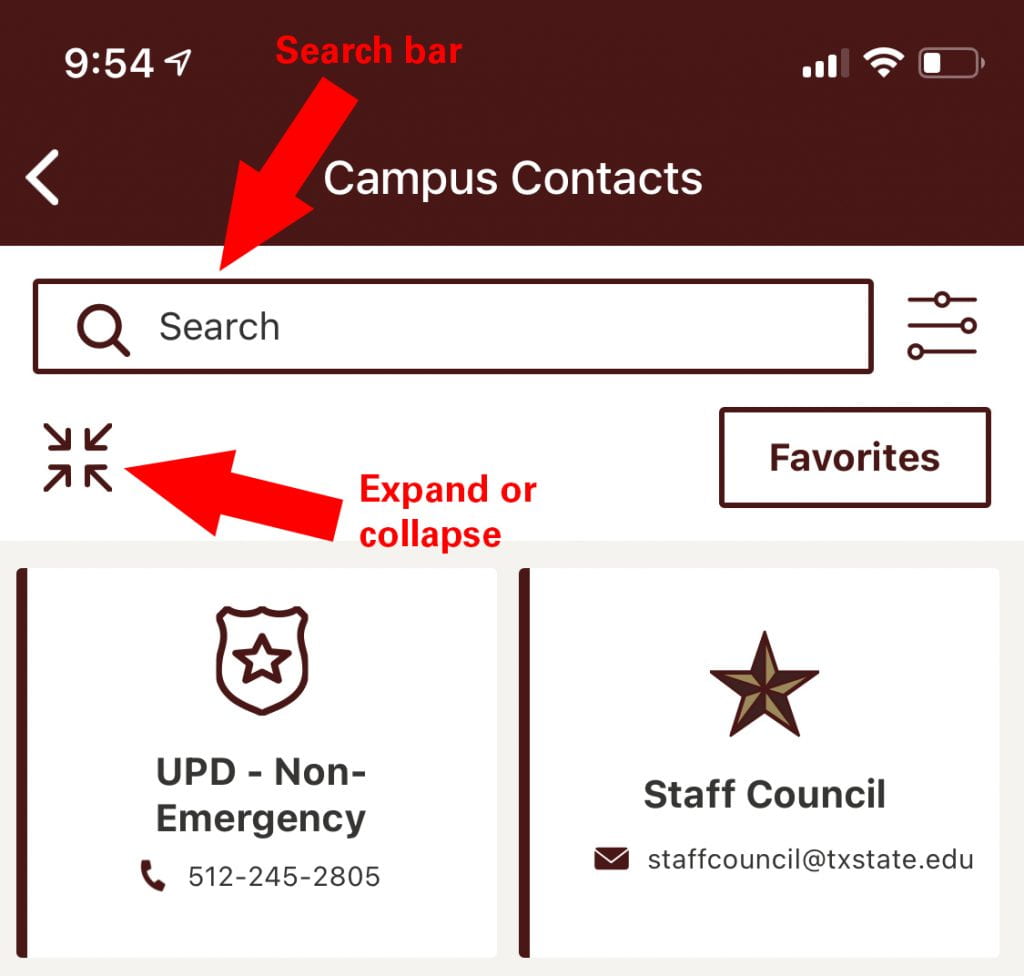 arrow points to search bar and expand/collapse icon in campus contacts