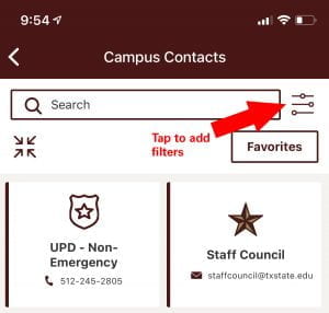 arrow points to filter icon in campus contacts main screen