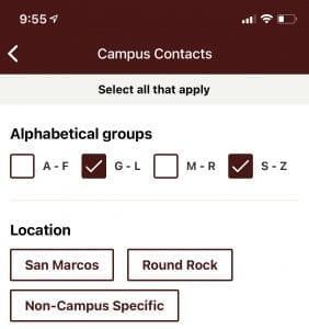 options to filter by alphabetical group or location shown in campus contacts