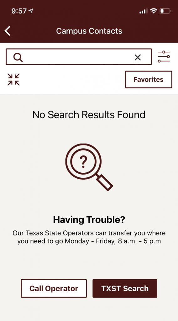 no search results found screen shown in campus contacts