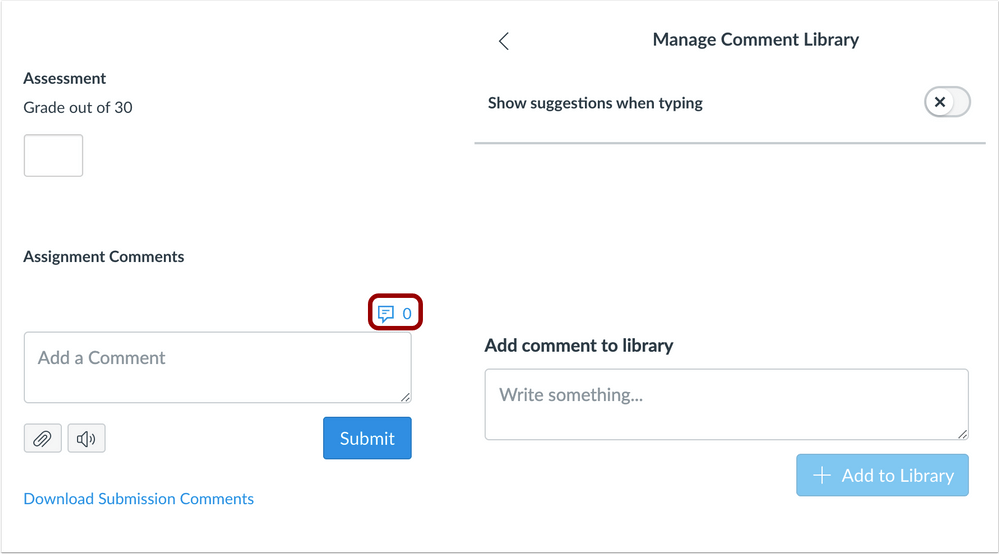 Screenshot of the Canvas Speedgrader comment section and location of comment library button. 