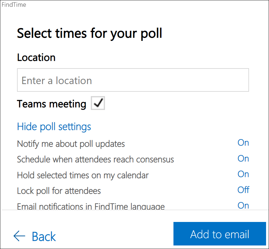 FindTime poll settings dashboard for notifications, automatic scheduling, hold times, lock poll and more.
