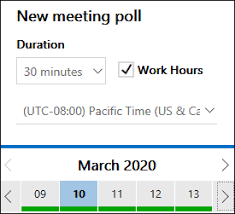 New meeting poll setup box where duration, work hours, time zone, etc. may be selected when setting up a meeting poll.