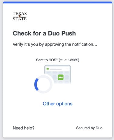 Duo security verification approval screen notification to check for a Duo push