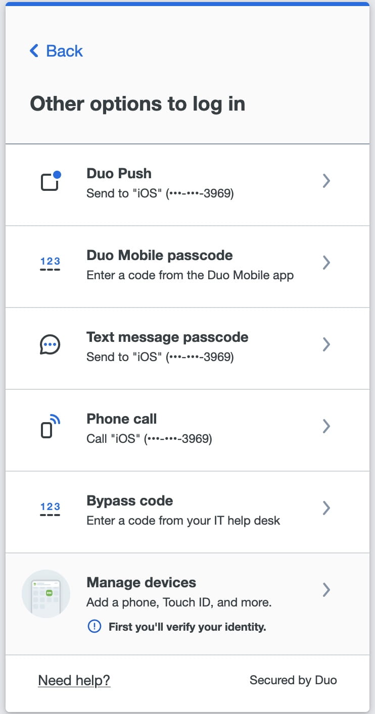 Duo security screen with a list of other options to log in: Duo push, Duo mobile passcode, text message, phone call, bypass code, or manage devices